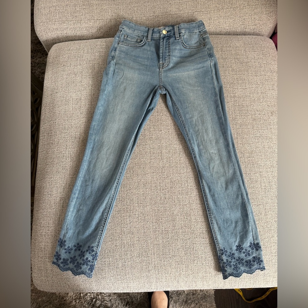 Jen 7 Embroidered Hem Skinny Jeans - Blue